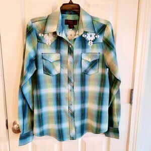 Cowgirl Legend Cotton/Poly Plaid Embroidered Western Shirt, Size M